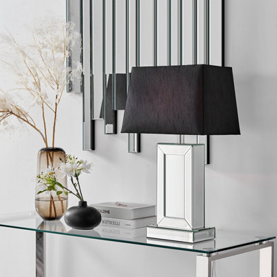 TALIA Tall Contemproary Mirrored Glass Table Lamp with A Black Fabric Light Shade Including A Rated Energy Efficient LED Bulb