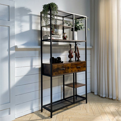 Tall 6-Tier Bookcase with Metal Frame and 2 Drawers for Living Room Office