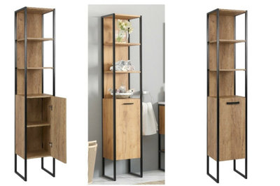 Tall Bathroom Cabinet Storage Unit Tallboy Black Steel Oak Finish Freestanding Loft Industrial Brook