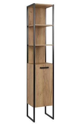 Tall Bathroom Cabinet Storage Unit Tallboy Black Steel Oak Finish