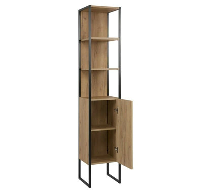 Tall Bathroom Cabinet Storage Unit Tallboy Black Steel Oak Finish Freestanding Loft Industrial Brook