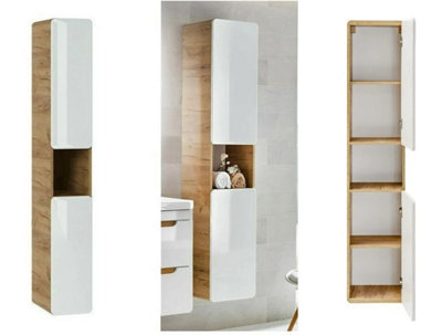 Tall Bathroom Cabinet Tallboy Wall Hung Slim Storage Unit White Gloss and Oak Narrow Slim Floating Shelving Aruba