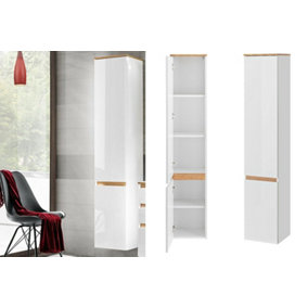 Tall Bathroom Cabinet Wall Storage Unit Modern Scandi Shelving White Gloss Oak Finish Plat