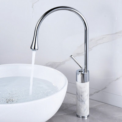 Tall Body Silver Bathroom Basin Faucet With Marble