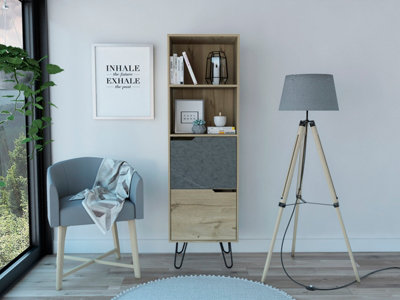 tall bookcase with 2 doors, bleached pine & stone effect, Manhattan range