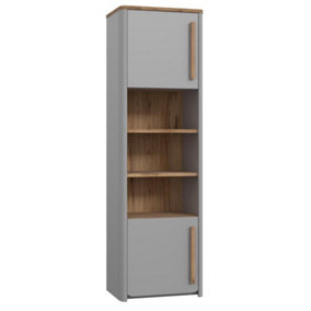 Tall Display Cabinet Matt Grey Oak Finish 2 Door Modern Design