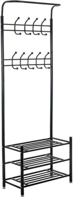 Entryway 4-Tier Shoe Shelf with Two Drawers and Coat Rack, One Set Entryway Show Rack with Storage and Hooks - Black