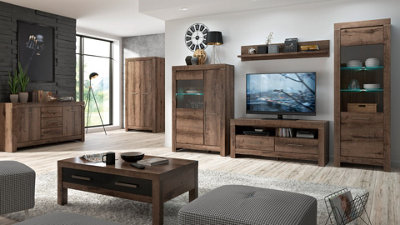 Tall Glass Display Cabinet Slim Narrow Unit Glazed Door Dark Oak Finish ...