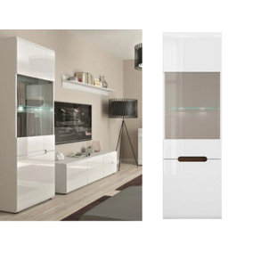 Tall Glass Display Cabinet Unit LED Light Modern White Gloss Black Brown Insert Azteca - White Gloss