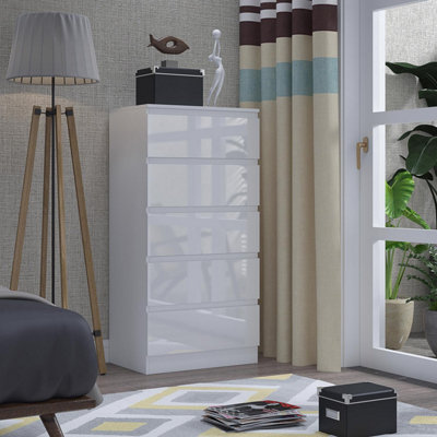 Tall High Gloss White 5 Drawer Chest Of Drawers