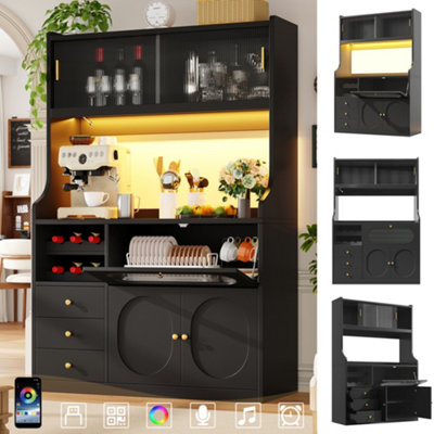 Tall Kitchen Cabinet 120cm with App-Controlled RGB LED, Glass Sliding ...