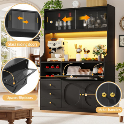 Tall Kitchen Cabinet 120cm with App-Controlled RGB LED, Glass Sliding ...