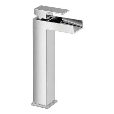 Tall Luxury Modern High Rise Waterfall Mono Basin Mixer - Chrome Finish