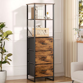 Tall Medieval Inspired Wooden Ferrstanding Storage Cabinet with 3 Drawers and 2 Open Shelves