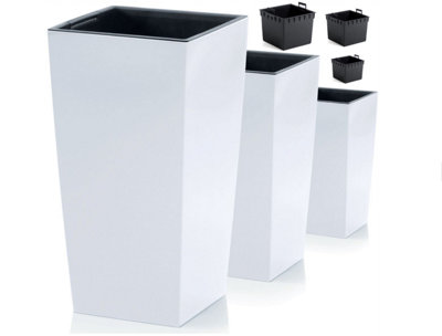 Tall Planter set of 3 Plant Pot Flower with Insert Indoor Outdoor Garden Patio White H32 cm, H 55cm, H75cm