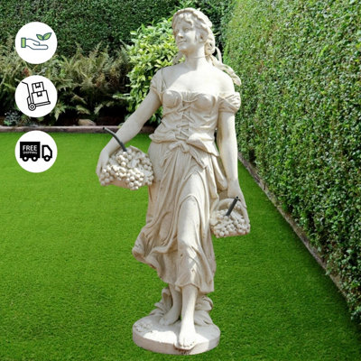 Tall Stone Cast Lady Carrying Baskets of Grapes Fountain Statue