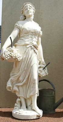 Tall Stone Cast Lady Carrying Baskets of Grapes Fountain Statue