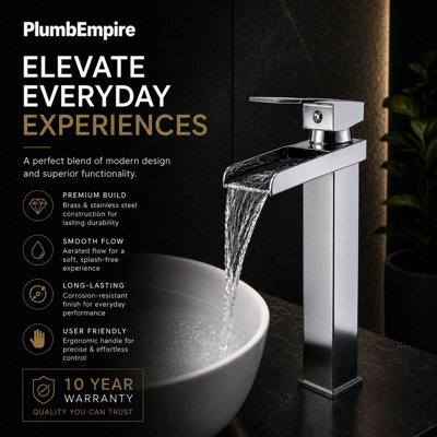 Monobloc Tall Wash Basin Mixer Tap – Square Waterfall Open Spout, Chrome