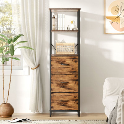 Tall Wooden Storage Cabinet with 3 Drawers and Open Shelves