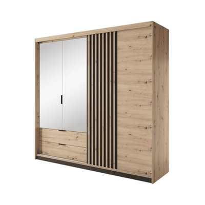 Tally Contemporary 4 Mirrored Hinged Door Wardrobe 4 Shelves 2 Drawers 2 Rails Artisan Oak Effect (H)2110mm (W)2200mm (D)600mm