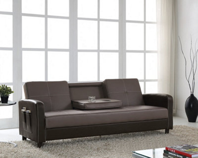 Tampa Ash Grey/Brown Faux Leather Sofa Bed Drop Down Table with Cup Holders 3 Seater Sofabed Recliner  Contrast Stitching