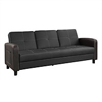 Tampa Black Faux Leather Sofa Bed Drop Down Table with Cup Holders 3 Seater Sofabed Recliner Side Pockets Contrast Stitching