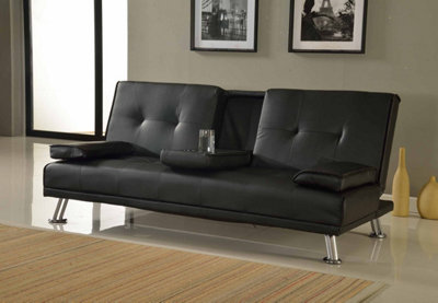 Tampa Sofa Bed Faux Leather Cupholder 3 Seater Chrome Legs, Black