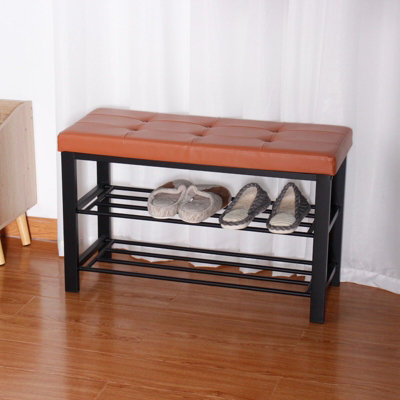 Tan 3 Tier Faux Leather Tufted Cushioned Shoe Rack Seating Bench ...