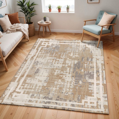 Tan Beige Modern Rug, Bordered Stain Resistant Easy to Clean Rug For ...