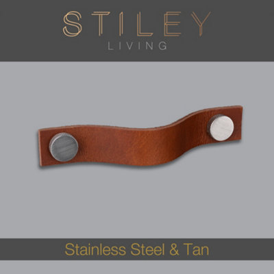 Tan Leather Pull  With Knurling Fixing - Stainless Steel