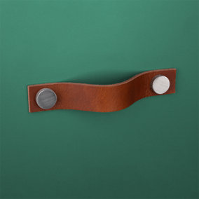 Tan Leather Pull  With Knurling Fixing - Stainless Steel
