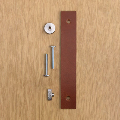 Tan Leather Pull  With Knurling Fixing - Stainless Steel