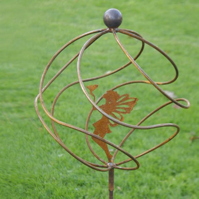 Tangle Ball on 4Ft Stem With Sitting Fairy - Plant Support - Solid Steel - L34.3 x W34.3 x H157.5 cm - Bare Metal/Ready to Rust