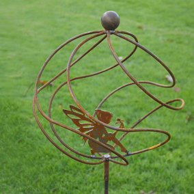 Tangle Ball on 4Ft Stem With Sitting Fairy - Plant Support - Solid Steel - L34.3 x W34.3 x H157.5 cm - Bare Metal/Ready to Rust