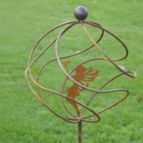 Tangle Ball on 4Ft Stem With Standing Fairy - Plant Support - Solid Steel - L34.3 x W34.3 x H157.5 cm - Bare Metal/Ready to Rust
