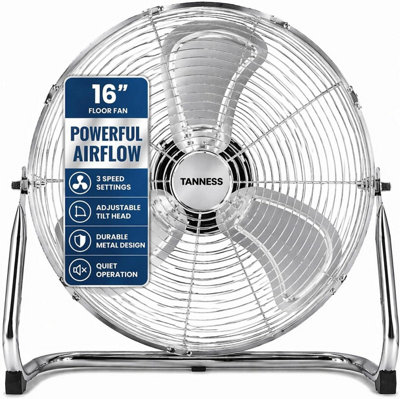 Tanness 16-Inch Chrome Metal Floor Fan with Adjustable Tilt Head and 3 ...