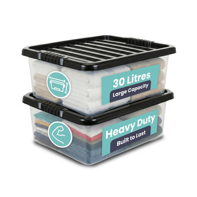 Tanness 2 Pack 30L Underbed Storage Boxes with Black Lids- Stackable ...