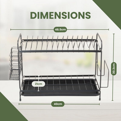 Tanness 2-Tier Black Dish Drainer Rack with Utensil Holder & Draining Board