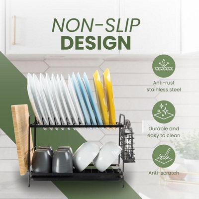 Tanness 2-Tier Black Dish Drainer Rack with Utensil Holder & Draining Board