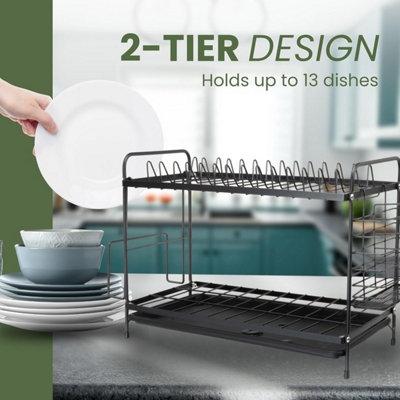 Tanness 2-Tier Black Dish Drainer Rack with Utensil Holder & Draining Board