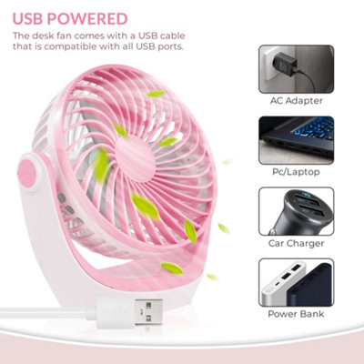 Tanness USB Desk Fan- White & Pink - 3 Speed Silent Powerful Airflow ...