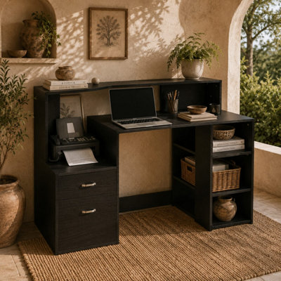 Tapava 137cm Wooden Black Office Desk with Shelves, Drawers and Printer ...