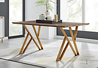Taranto Rectangular Wood Effect 6 Seater Dining Table with Gold Metal Geometric Legs in Modern Rustic Trestle Table Inspired Style