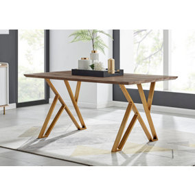 Taranto Rectangular Wood Effect 6 Seater Dining Table with Gold Metal Geometric Legs in Modern Rustic Trestle Table Inspired Style