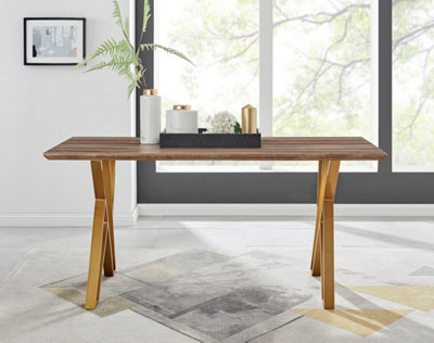 Taranto Rectangular Wood Effect 6 Seater Dining Table with Gold Metal Geometric Legs in Modern Rustic Trestle Table Inspired Style