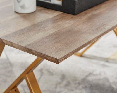 Taranto Rectangular Wood Effect 6 Seater Dining Table with Gold Metal Geometric Legs in Modern Rustic Trestle Table Inspired Style