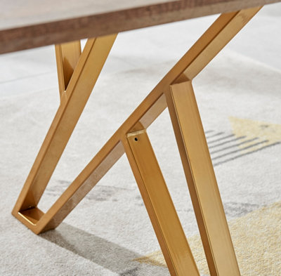 Taranto Rectangular Wood Effect 6 Seater Dining Table with Gold Metal Geometric Legs in Modern Rustic Trestle Table Inspired Style