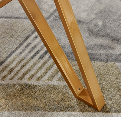 Taranto Rectangular Wood Effect 6 Seater Dining Table with Gold Metal Geometric Legs in Modern Rustic Trestle Table Inspired Style