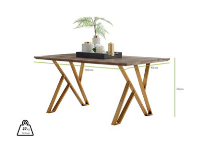 Taranto Rectangular Wood Effect 6 Seater Dining Table with Gold Metal Geometric Legs in Modern Rustic Trestle Table Inspired Style