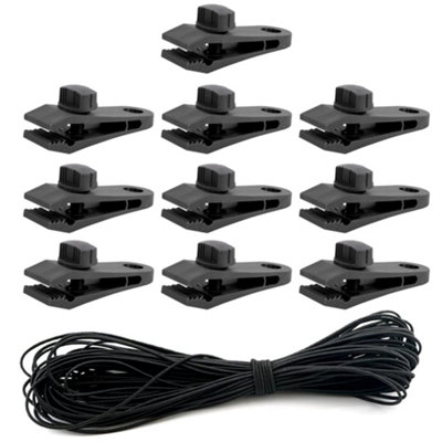 Tarpaulin Clips and Bungee Cord, Tarp Clips, Tent Clips with Tighten Lock Screw and 10 m / 32 ft Elastic Rope (Pack of 10 Clips)